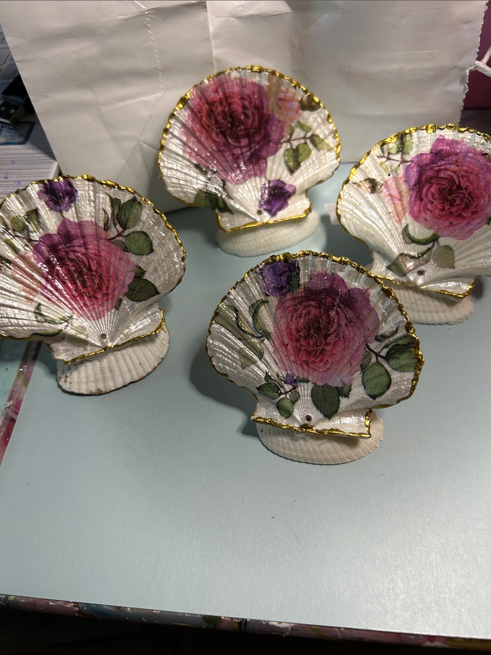 Hand-Painted Shell Figurine Set with Pink Rose and Gold Trim
